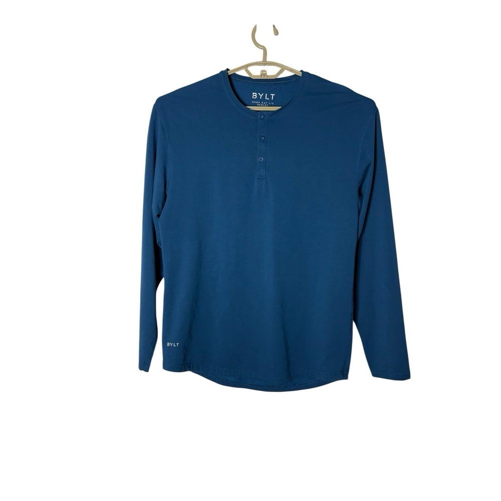BYLT Basics Drop Cut Lux Henley Long Sleeve Shirt Blue Teal ‎ Mens Large L Euc